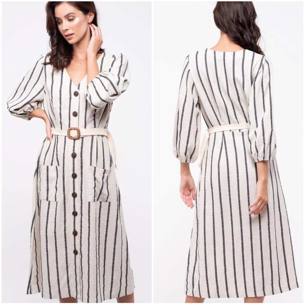Linen-Blend Striped Belted Button Up Midi Dress
